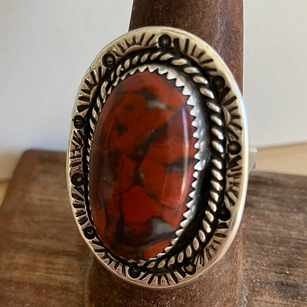 Vintage Unisex Native American Chunky Red Brecciated Jasper Sterling Ring